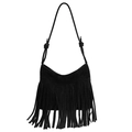Borsa a tracolla retrò in pelle scamosciata nera boho con lunghe frange decorative - Nero