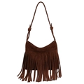 Borsa a tracolla in pelle scamosciata marrone scuro con frange vintage e spalline boho - Marrone