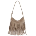 Borsa a tracolla retrò kaki in pelle scamosciata con lunghe frange e stile boho - Cachi