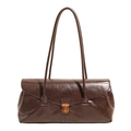 Retro deep brown leather baguette shoulder bag with classic bronze metal buckle closure - Brown