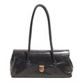 Retro black leather baguette shoulder bag with vintage bronze metal buckle and dual straps - Black