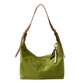 Sac bandoulière demi-lune en daim vert avec bandoulière en cuir brun et breloque perlée - Jaune-vert