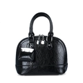 Borsa nera lucida a conchiglia con trama vintage e dettagli metallici argentati - Con Ciondolo / Nero