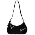 Y2K-Stil schwarze Wildleder-Achseltasche mit silbernen Metallschnallen und Halbmondform - Schwarz