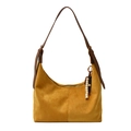 Sac hobo en daim jaune avec bandoulière en cuir marron et breloque en perles de bois - Jaune Terre