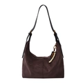 Dark coffee suede Hobo shoulder bag with elegant beaded charm and minimalist strap - Dark Brown