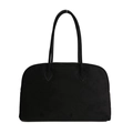 Large black suede Boston tote bag with long shoulder straps and teardrop stitching - Black