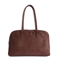 Minimalist deep brown suede Boston tote bag with long handles for autumn winter style - Brown