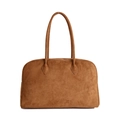 Caramel brown suede Boston tote bag with zipper closure and long handles - Brown