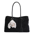 Sac cabas minimaliste en daim noir avec pendentif lapin en peluche et bandoulières - Avec Pendentif / Noir
