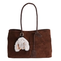 Sac fourre-tout en daim marron foncé avec un charmant porte-clés lapin gris - Avec Pendentif / Marron