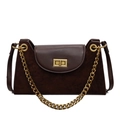 Retro dark brown suede handbag with leopard texture, gold chain and twist lock - Coffee