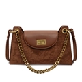 Brown faux suede baguette bag with leather flap and gold chain strap variant - Brown