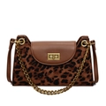 Vintage leopard print faux suede shoulder bag with brown leather trim and gold chain - Leopard Brown