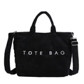 Sac cabas en velours côtelé noir avec broderie TOTE BAG et bandoulière réglable - Noir