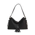 Black striped pleated leather tote bag with elegant double tassels and adjustable strap - Black