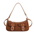 Deep caramel brown baguette bag in retro suede and leather with twin front pockets - Brown