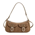 Retro brown suede baguette bag with contrast stitching and double front pockets - Khaki