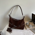 Minimalist large-capacity vintage shoulder bag in dark brown suede with decorative strap - Coffee