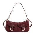 Vintage burgundy suede baguette bag with leather trim and decorative chain strap - Red