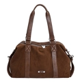 Bolso tote grande de ante marrón con adornos de cuero liso y detalle de logo - Marrón