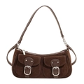 Dark brown suede baguette shoulder bag with dual front pockets and silver buckles - Brown
