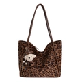 Fashionable leopard print canvas tote bag with brown leather straps and plush bear charm - With Pendant / Leopard Brown