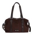 Bolso tote vintage de gamuza marrón oscuro con ribetes de cuero para mujeres - Marrón