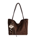 Brown suede tote bag with deep brown handles and cute plush bear accessory - With Pendant / Brown