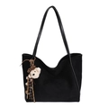 Black vintage tote bag in suede texture with stylish leopard bear bag charm decoration - With Pendant / Black