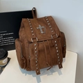 Vintage dark brown suede tote backpack with metallic studs and gothic cross detail - Brown
