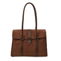 Minimalist deep brown faux suede tote bag with contrast leather trim and silver buckle - Brown
