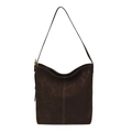 Dunkelbraune Wildleder-Hobo-Tasche mit weißen Kontrastnähten und Goldschnallen - Kaffeebraun