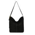 Schwarze Retro-Hobo-Schultertasche aus Wildlederimitat mit weißen Kontrastnähten - Schwarz