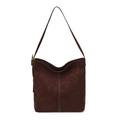 Dunkelbraune Wildleder-Schultertasche mit weißen Kontrastnähten und Goldschnalle - Rot