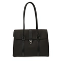 Minimalist black tote bag in fabric and leather patchwork with silver metal buckle closure - Black