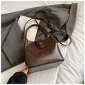 Deep brown bucket bag with glossy PU finish, metal lock buckle and adjustable strap - Basic Style Without Charm / Brown No Pendant