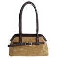 Bolso retro de ante camello con ribete de cuero marrón oscuro y hebilla dorada - Bloque de Color Gamuza