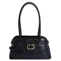 Bolso de hombro negro clásico con hebilla de metal dorado y acabado de cuero pulido - Negro