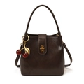 Retro dark brown bucket bag with gold lock and red cherry charm accessory - Single Bag / Coffee