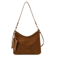 Bolso tote de ante marrón con detalles de cuero y monedero a juego en fondo blanco - Marrón