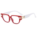 Lunettes carrées rétro modernes avec monture rouge, branches blanches et perles - Cadre Rouge