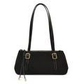 Detalle de bolso baguette retro negro con textura de ante y hebillas doradas - Negro