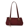 Bolso retro granate de ante con correas de piel brillante y hebillas doradas - Rojo
