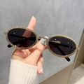 Retro oval sunglasses with textured gold metallic frames and dark polarized lenses - Gold Frame Grey Lens