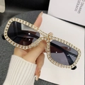 Fashionable rectangle sunglasses with gold diamond frame and dark grey tinted lenses - Gold Frame Black Grey