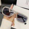 Chic silver square sunglasses with luxury rhinestones and dark grey lenses for women - Silver Frame Black Grey Lens