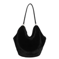 Retro black fluffy tote bag with plush faux fur texture and leather handle - Black