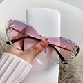 Lunettes de soleil œil de chat sans monture avec verres dégradés rose-violet et strass - Monture Dorée Verres Gris Rose