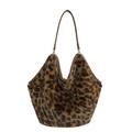 Leopard print faux fur tote bag with brown leather handles for women's winter fashion - Leopard Print